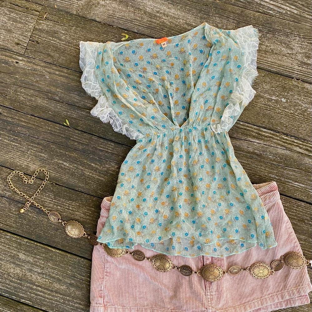 Light Blue Floral Lace-Trim Blouse - Women